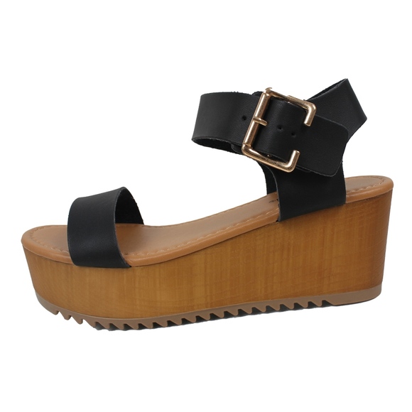 Shoes - Black Open Toe Ankle Strap Flatform Wedge